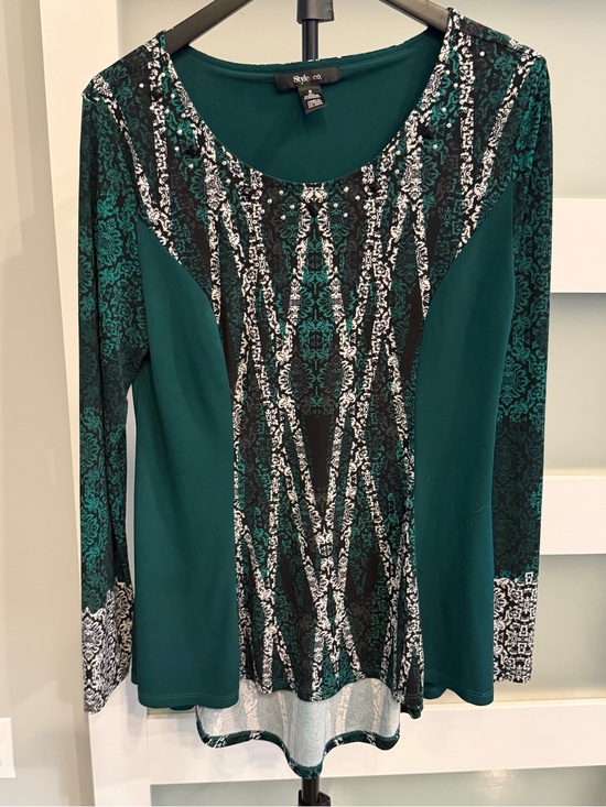 Style & Co. Tops - Style & Co. Teal and Black Patterned Long-Sleeve Top